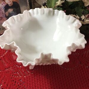 Fenton footed milk glass hobnail bowl with ruffled edge. 7” diameter. Nice.